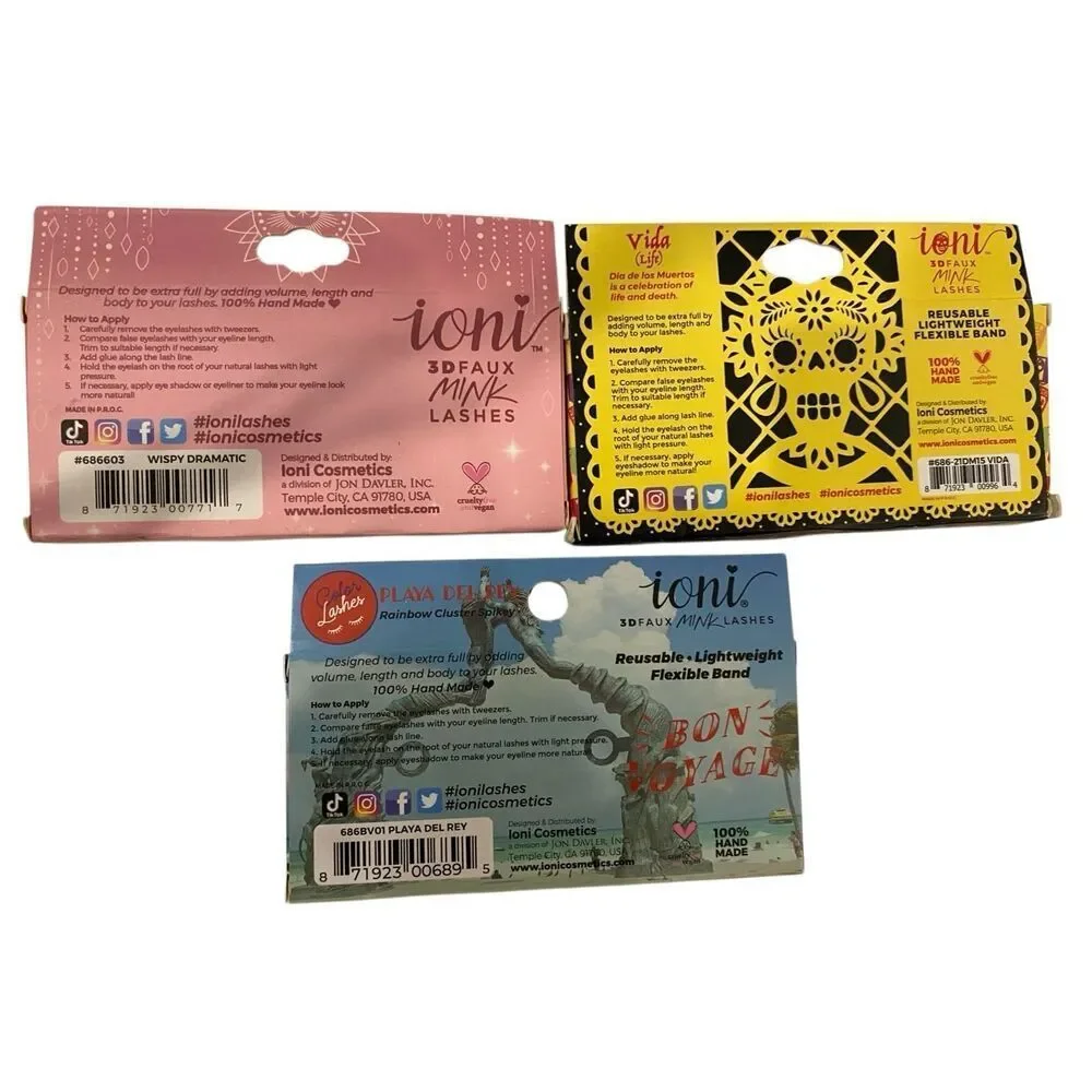 Lot 3 Ioni 3D Faux Mink Strip Lashes Wispy Dramatic Spikey Playa Del Rey Volume